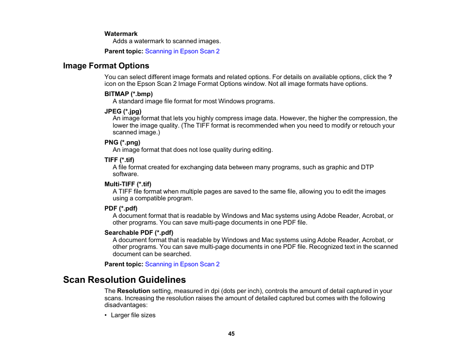 Image format options, Scan resolution guidelines | Epson WorkForce DS-6500 Document Scanner User Manual | Page 45 / 95