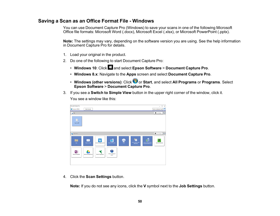 Saving a scan as an office format file - windows | Epson WorkForce DS-6500 Document Scanner User Manual | Page 50 / 95