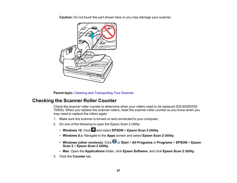 Checking the scanner roller counter | Epson WorkForce DS-6500 Document Scanner User Manual | Page 57 / 95