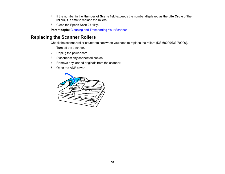 Replacing the scanner rollers | Epson WorkForce DS-6500 Document Scanner User Manual | Page 58 / 95