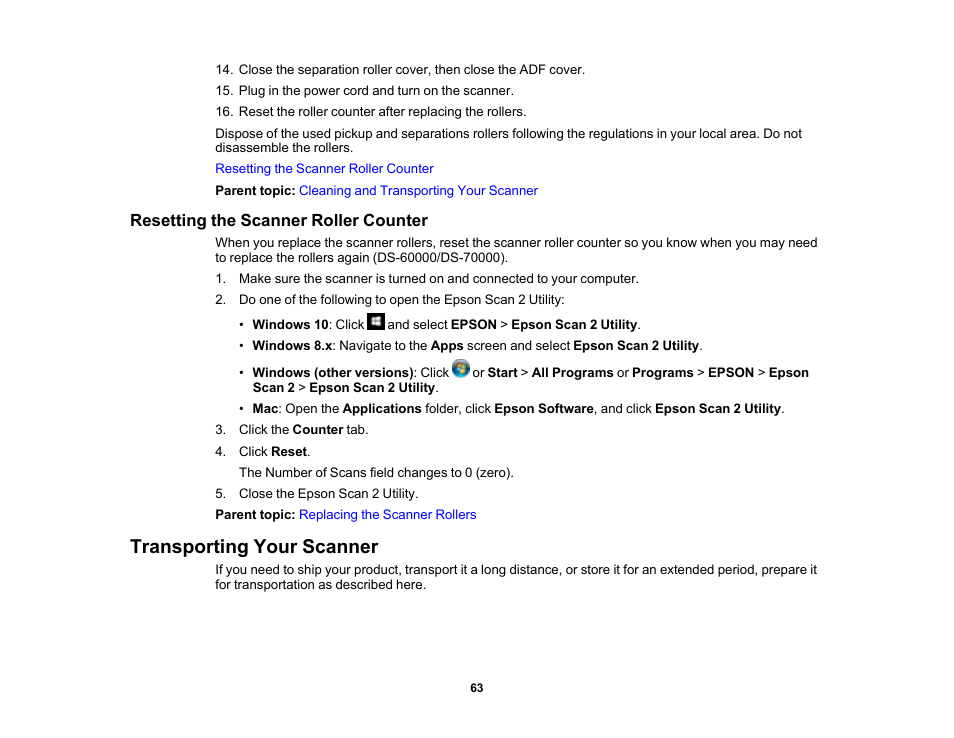 Resetting the scanner roller counter, Transporting your scanner | Epson WorkForce DS-6500 Document Scanner User Manual | Page 63 / 95