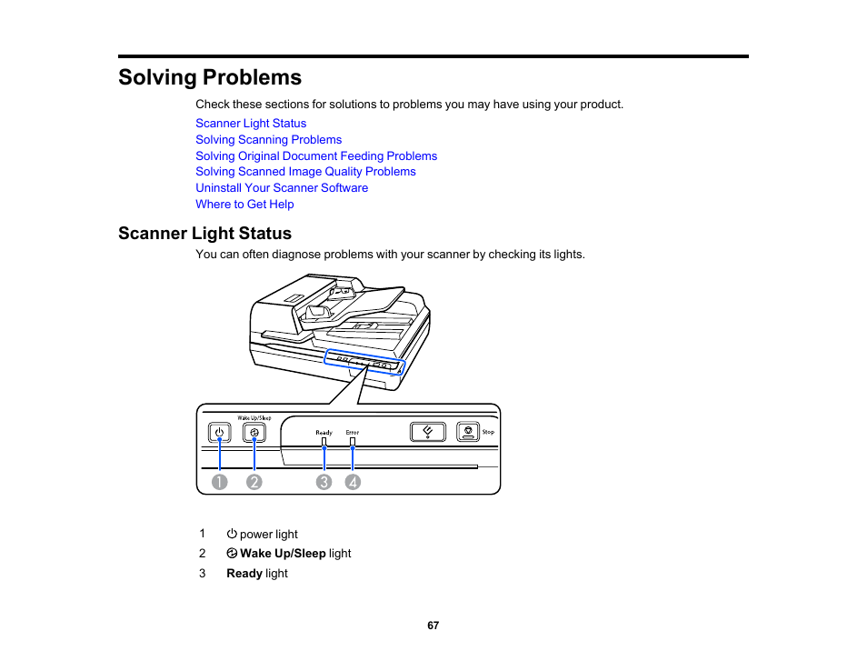 Solving problems, Scanner light status | Epson WorkForce DS-6500 Document Scanner User Manual | Page 67 / 95