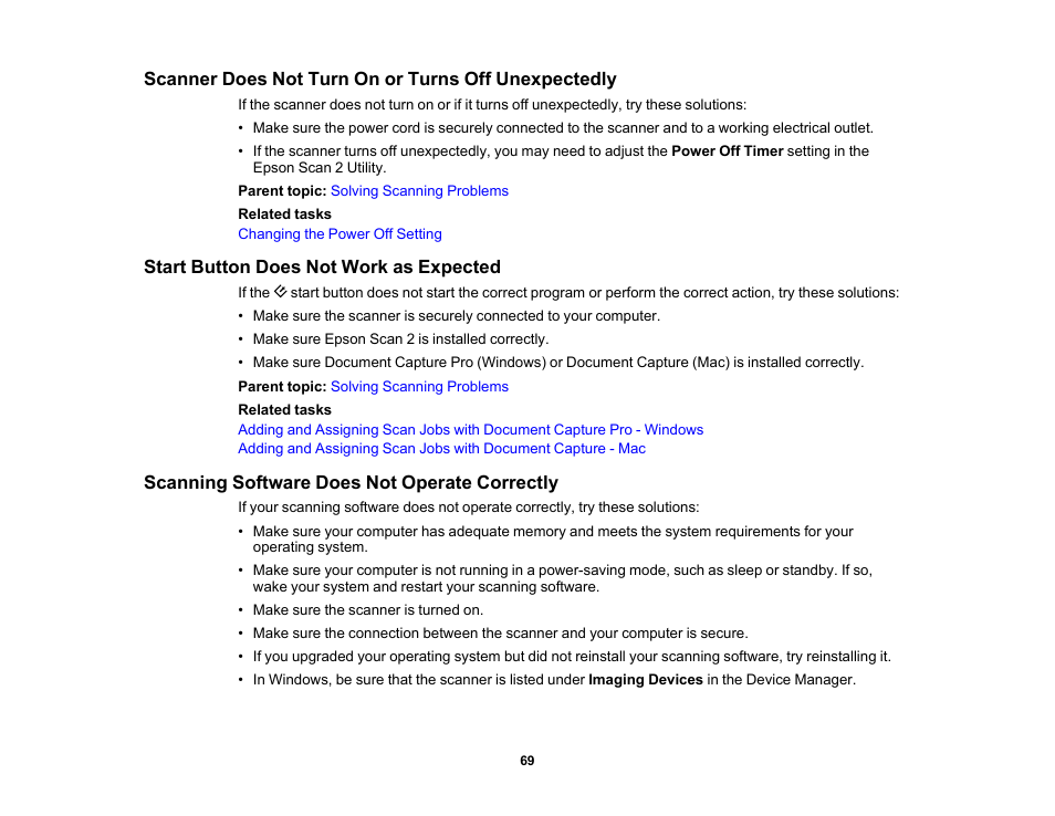 Scanner does not turn on or turns off unexpectedly, Start button does not work as expected, Scanning software does not operate correctly | Epson WorkForce DS-6500 Document Scanner User Manual | Page 69 / 95