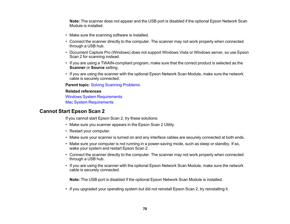 Cannot start epson scan 2 | Epson WorkForce DS-6500 Document Scanner User Manual | Page 70 / 95