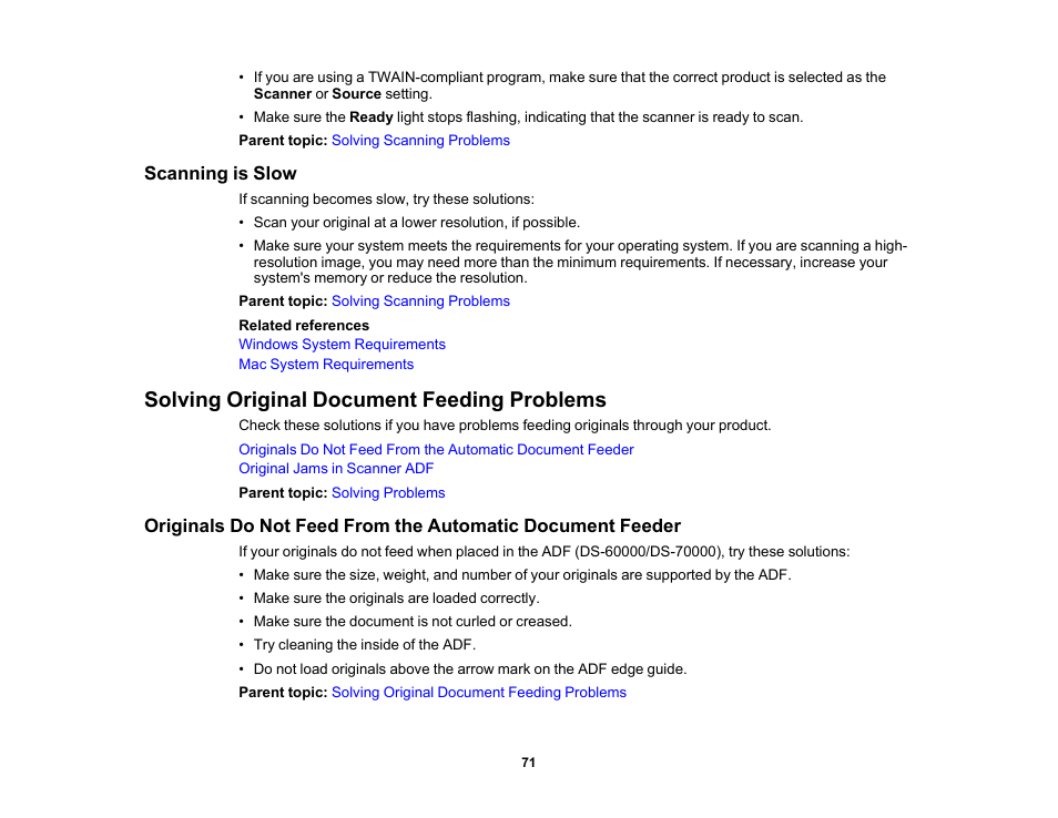 Scanning is slow, Solving original document feeding problems | Epson WorkForce DS-6500 Document Scanner User Manual | Page 71 / 95