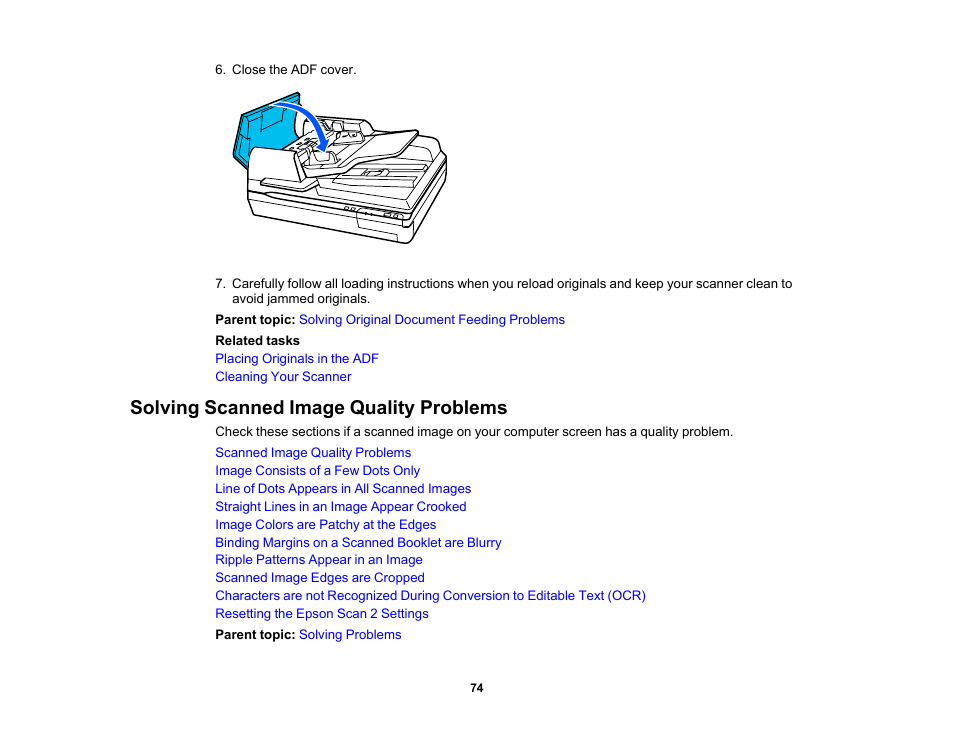 Solving scanned image quality problems | Epson WorkForce DS-6500 Document Scanner User Manual | Page 74 / 95