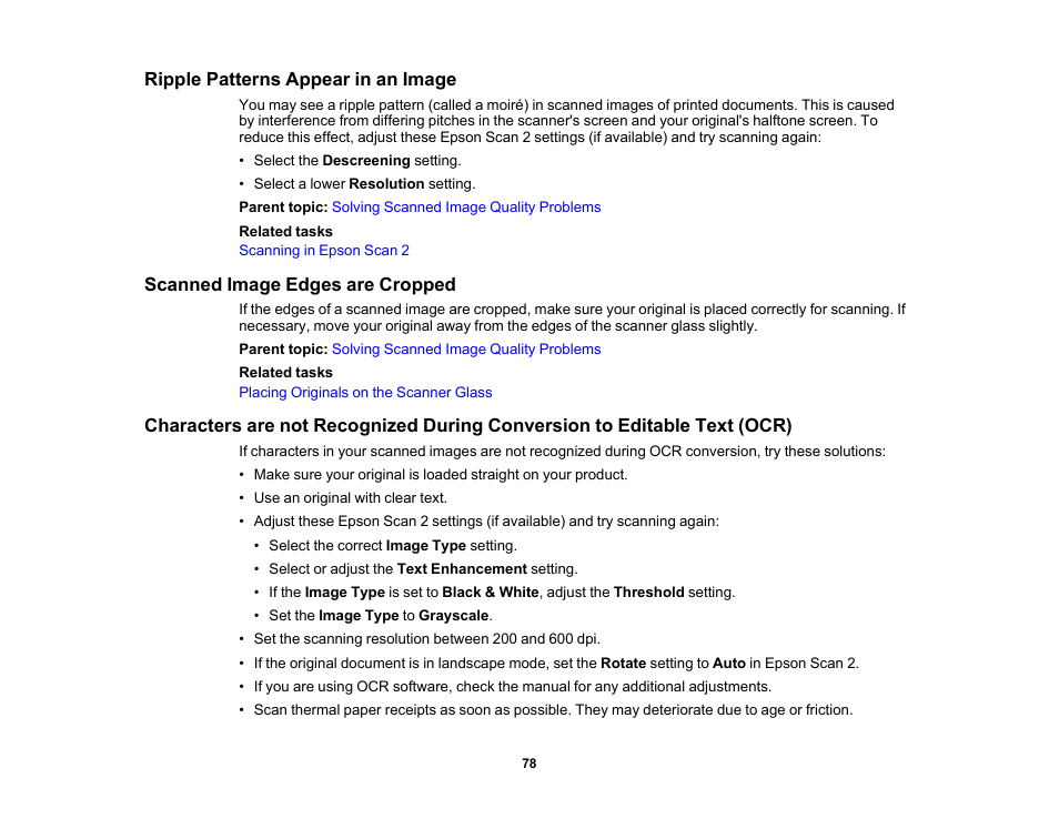 Ripple patterns appear in an image, Scanned image edges are cropped | Epson WorkForce DS-6500 Document Scanner User Manual | Page 78 / 95