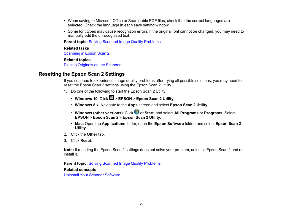 Resetting the epson scan 2 settings | Epson WorkForce DS-6500 Document Scanner User Manual | Page 79 / 95