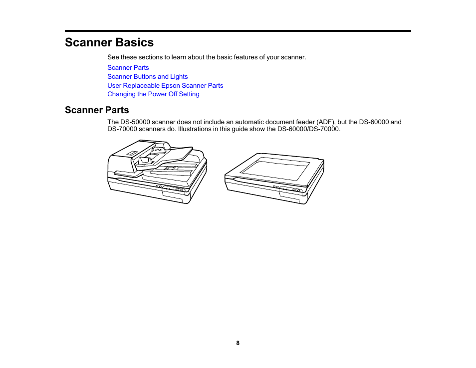 Scanner basics, Scanner parts | Epson WorkForce DS-6500 Document Scanner User Manual | Page 8 / 95