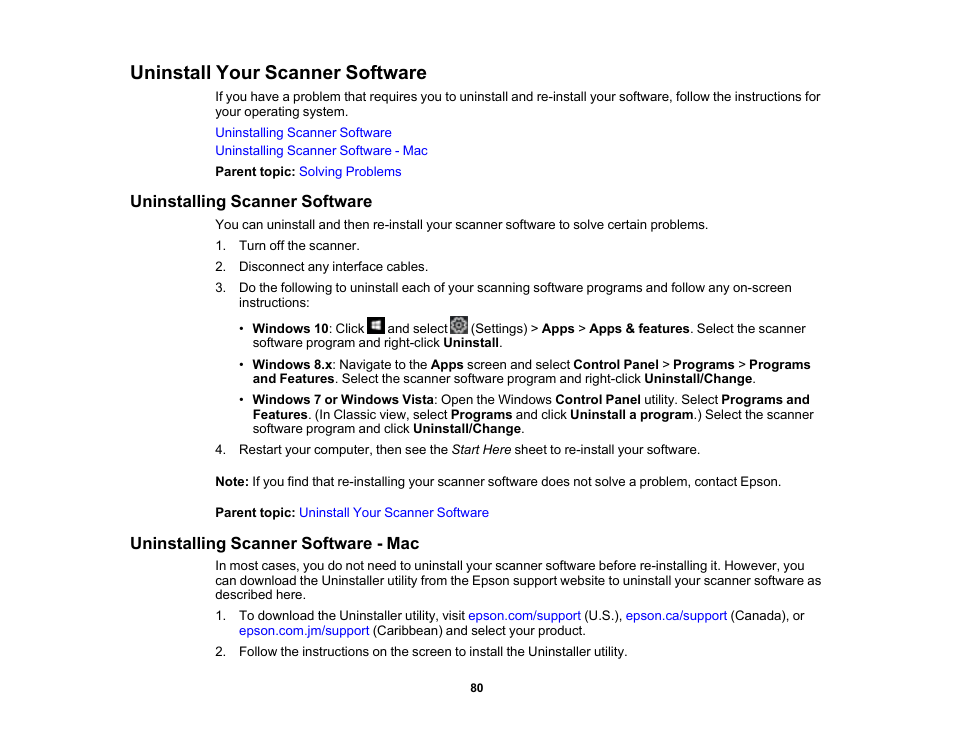 Uninstall your scanner software, Uninstalling scanner software, Uninstalling scanner software - mac | Epson WorkForce DS-6500 Document Scanner User Manual | Page 80 / 95