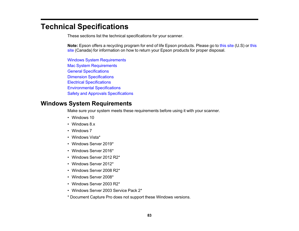 Technical specifications, Windows system requirements | Epson WorkForce DS-6500 Document Scanner User Manual | Page 83 / 95