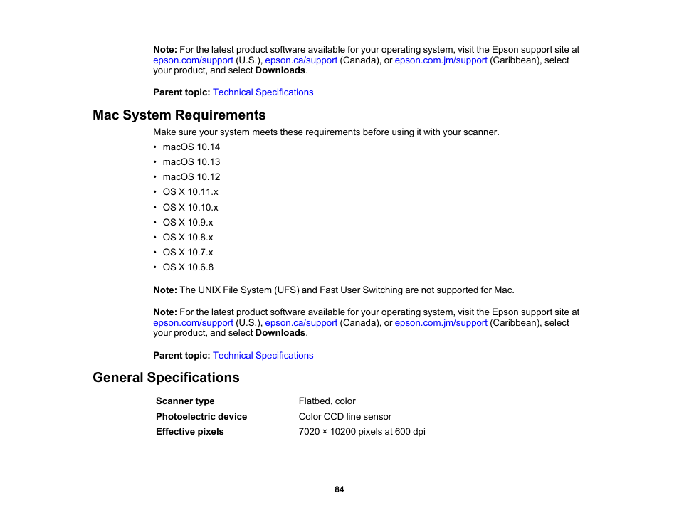 Mac system requirements, General specifications, Mac system requirements general specifications | Epson WorkForce DS-6500 Document Scanner User Manual | Page 84 / 95