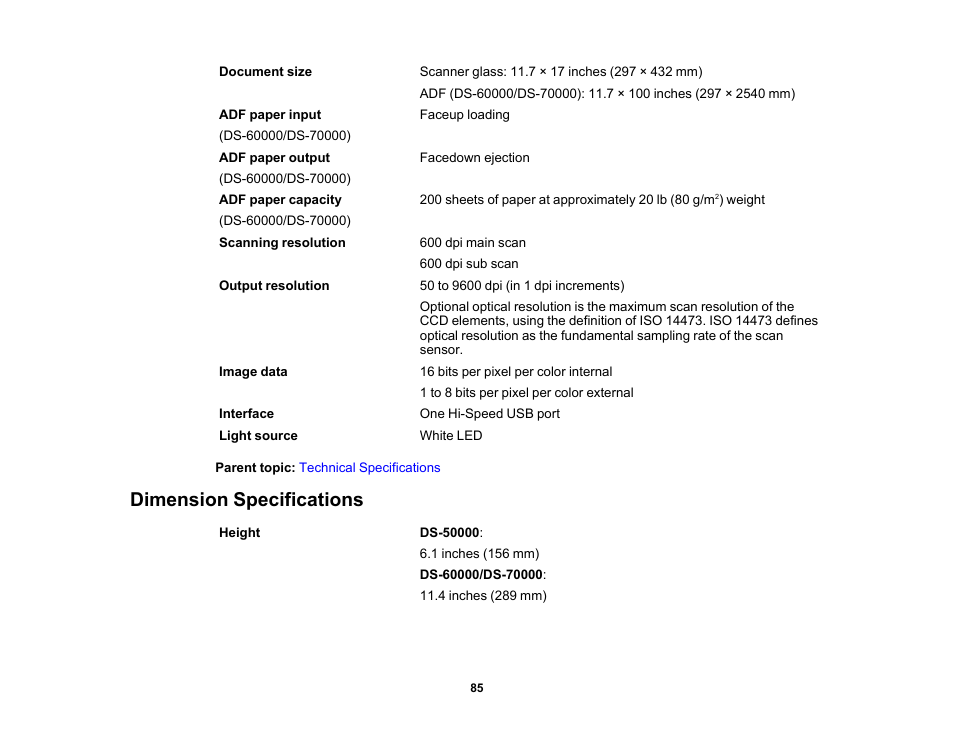 Dimension specifications | Epson WorkForce DS-6500 Document Scanner User Manual | Page 85 / 95