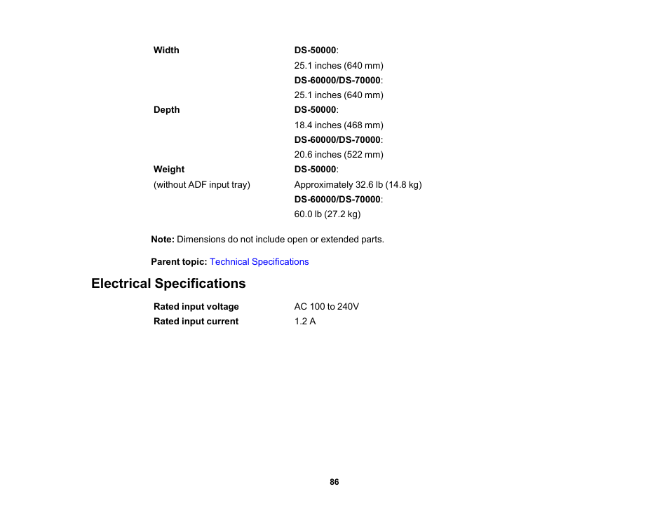 Electrical specifications | Epson WorkForce DS-6500 Document Scanner User Manual | Page 86 / 95