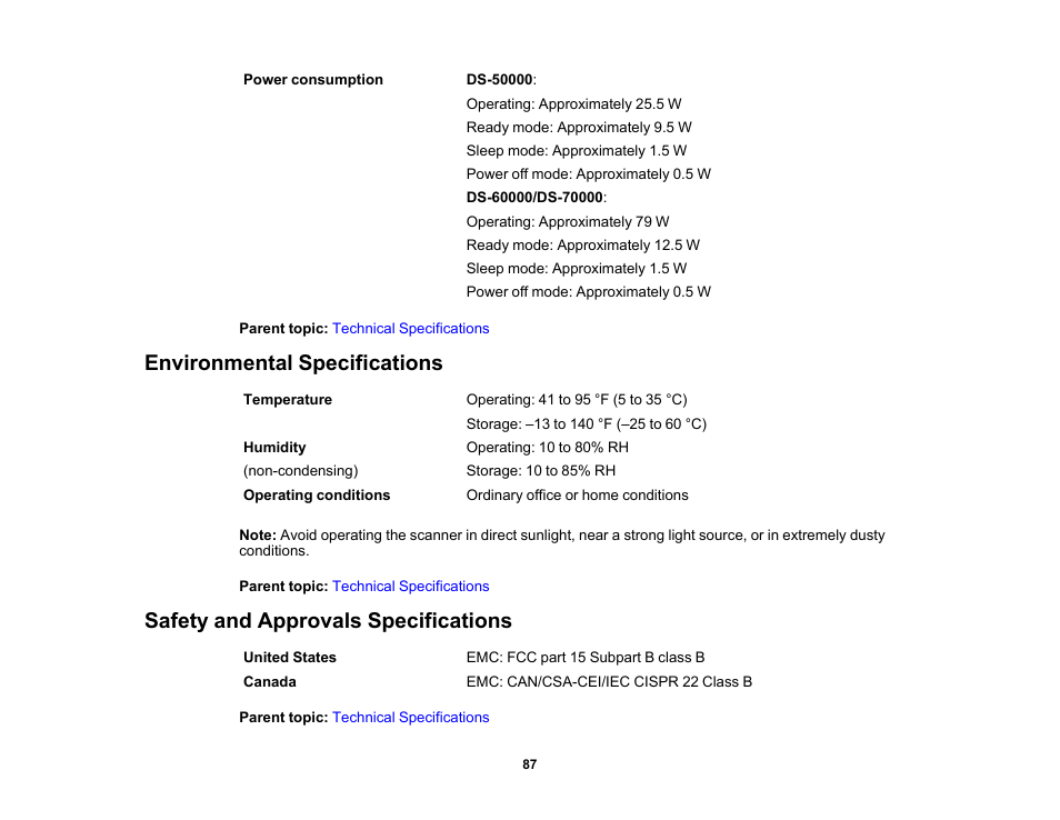 Environmental specifications, Safety and approvals specifications | Epson WorkForce DS-6500 Document Scanner User Manual | Page 87 / 95