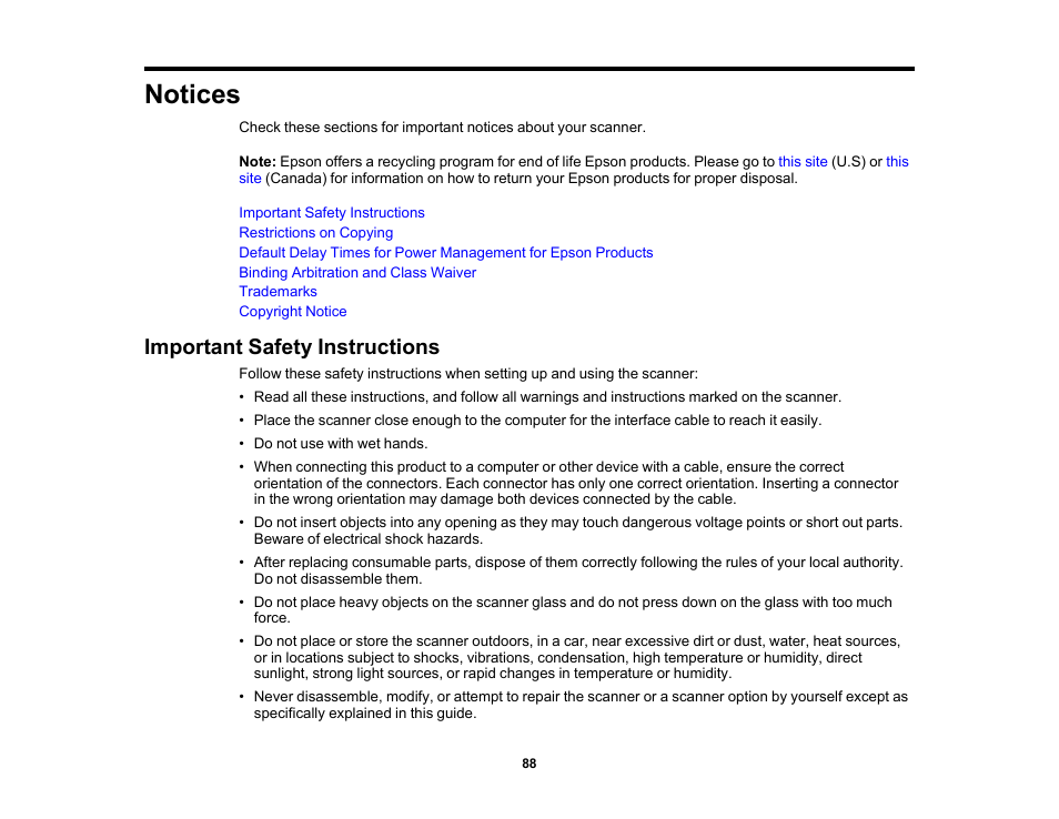 Notices, Important safety instructions | Epson WorkForce DS-6500 Document Scanner User Manual | Page 88 / 95