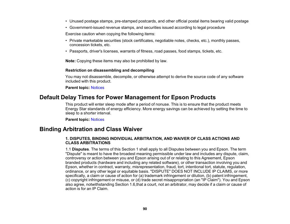 Binding arbitration and class waiver | Epson WorkForce DS-6500 Document Scanner User Manual | Page 90 / 95