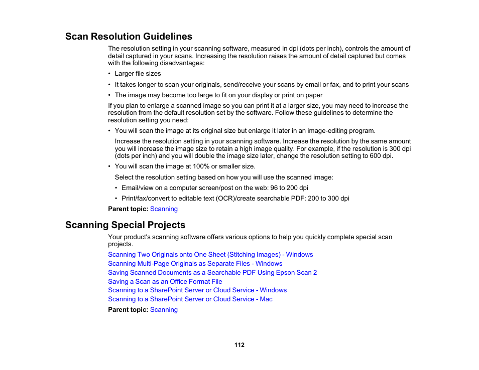 Scan resolution guidelines, Scanning special projects | Epson DS-32000 Large-Format Document Scanner User Manual | Page 112 / 172