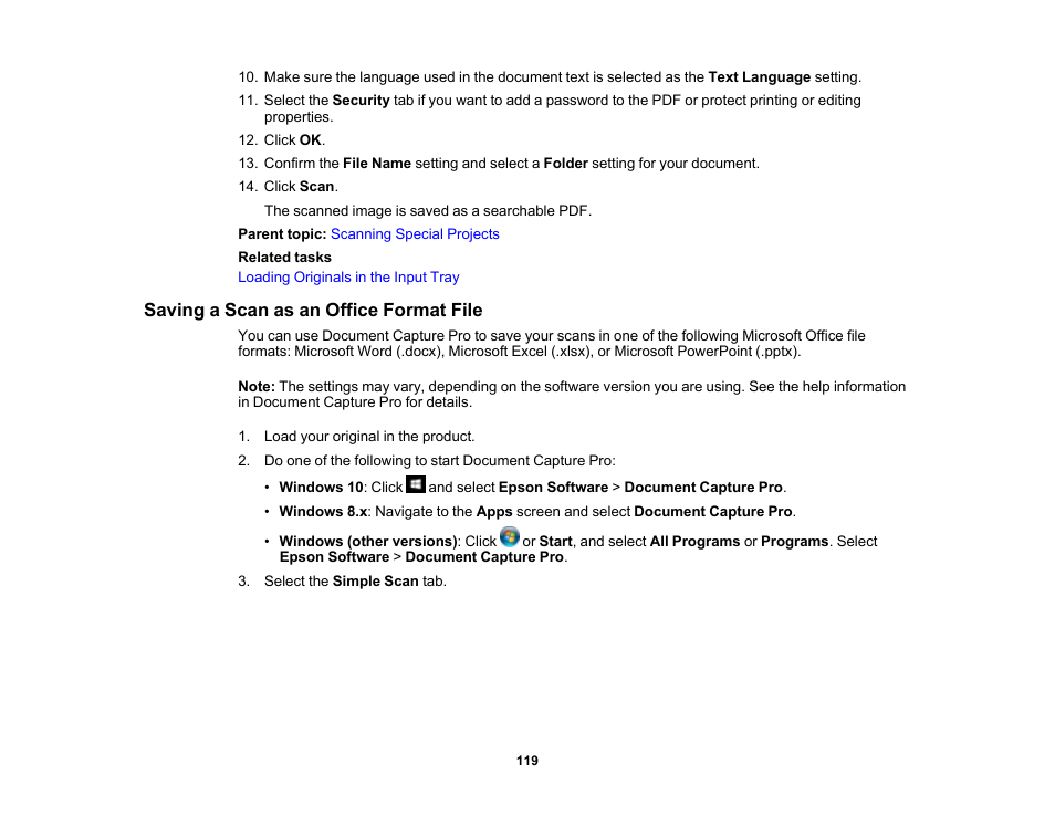 Saving a scan as an office format file | Epson DS-32000 Large-Format Document Scanner User Manual | Page 119 / 172