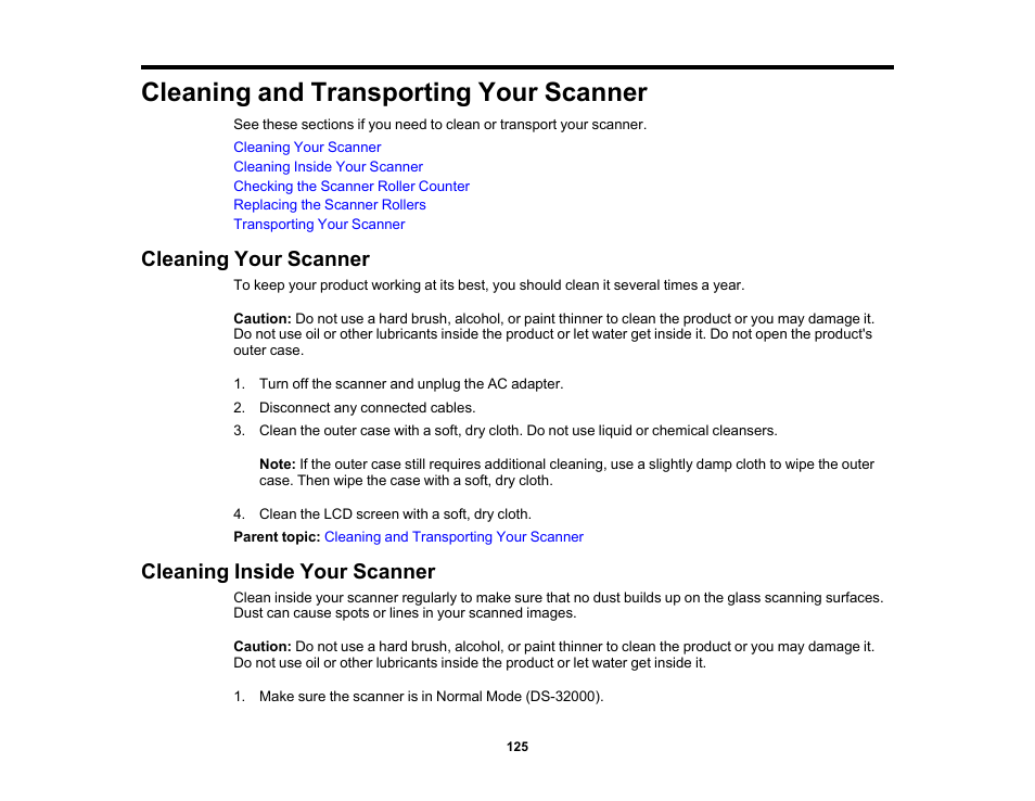 Cleaning and transporting your scanner, Cleaning your scanner, Cleaning inside your scanner | Cleaning your scanner cleaning inside your scanner | Epson DS-32000 Large-Format Document Scanner User Manual | Page 125 / 172