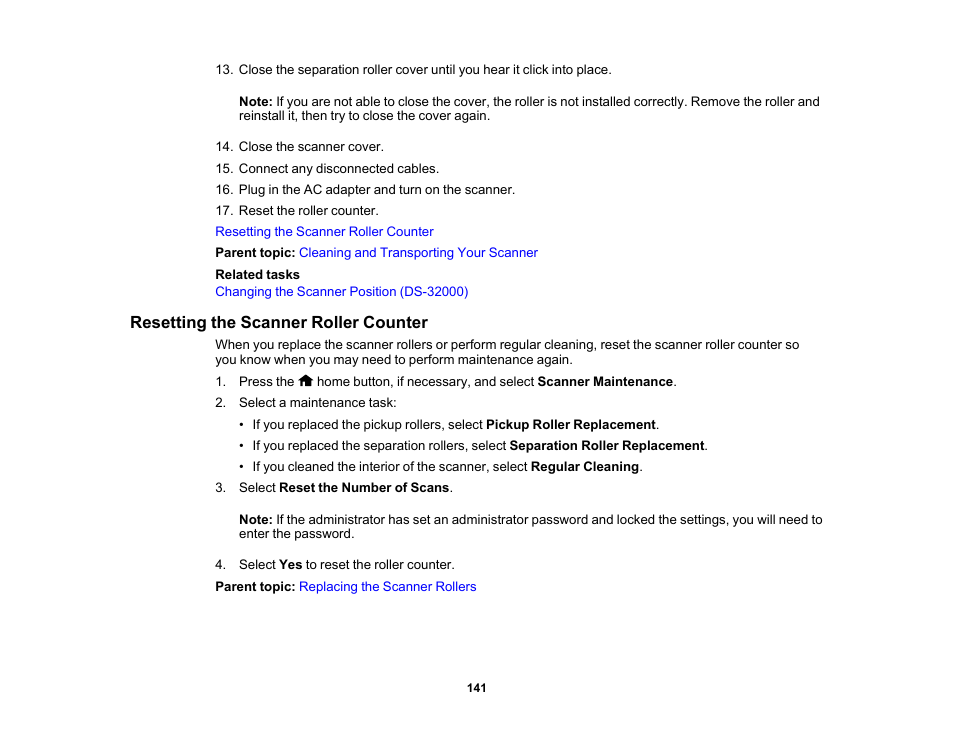 Resetting the scanner roller counter | Epson DS-32000 Large-Format Document Scanner User Manual | Page 141 / 172