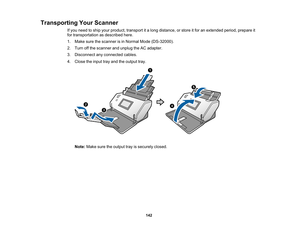 Transporting your scanner | Epson DS-32000 Large-Format Document Scanner User Manual | Page 142 / 172