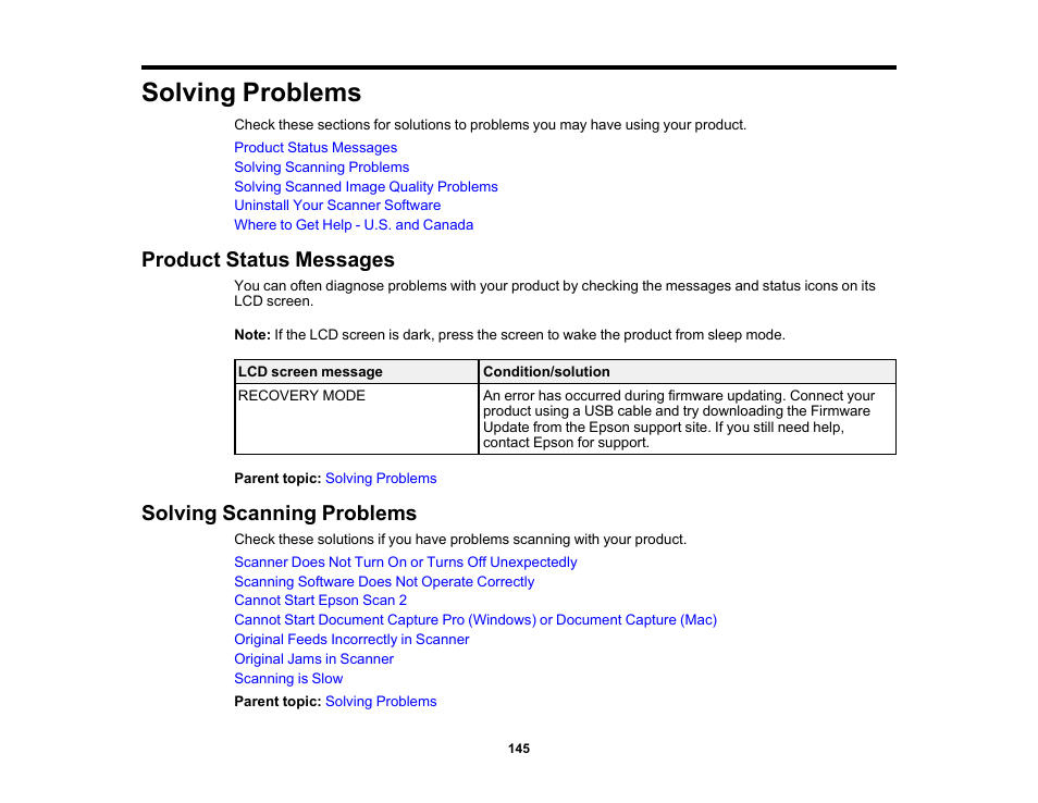 Solving problems, Product status messages, Solving scanning problems | Product status messages solving scanning problems | Epson DS-32000 Large-Format Document Scanner User Manual | Page 145 / 172
