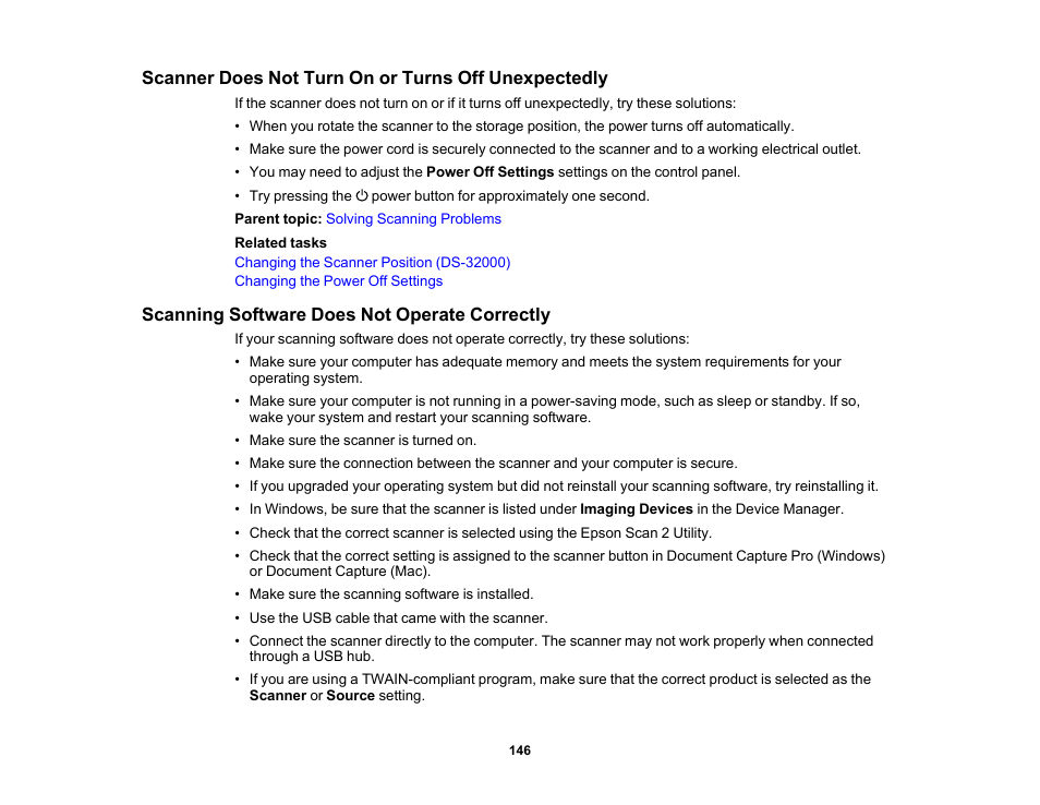 Scanner does not turn on or turns off unexpectedly, Scanning software does not operate correctly | Epson DS-32000 Large-Format Document Scanner User Manual | Page 146 / 172