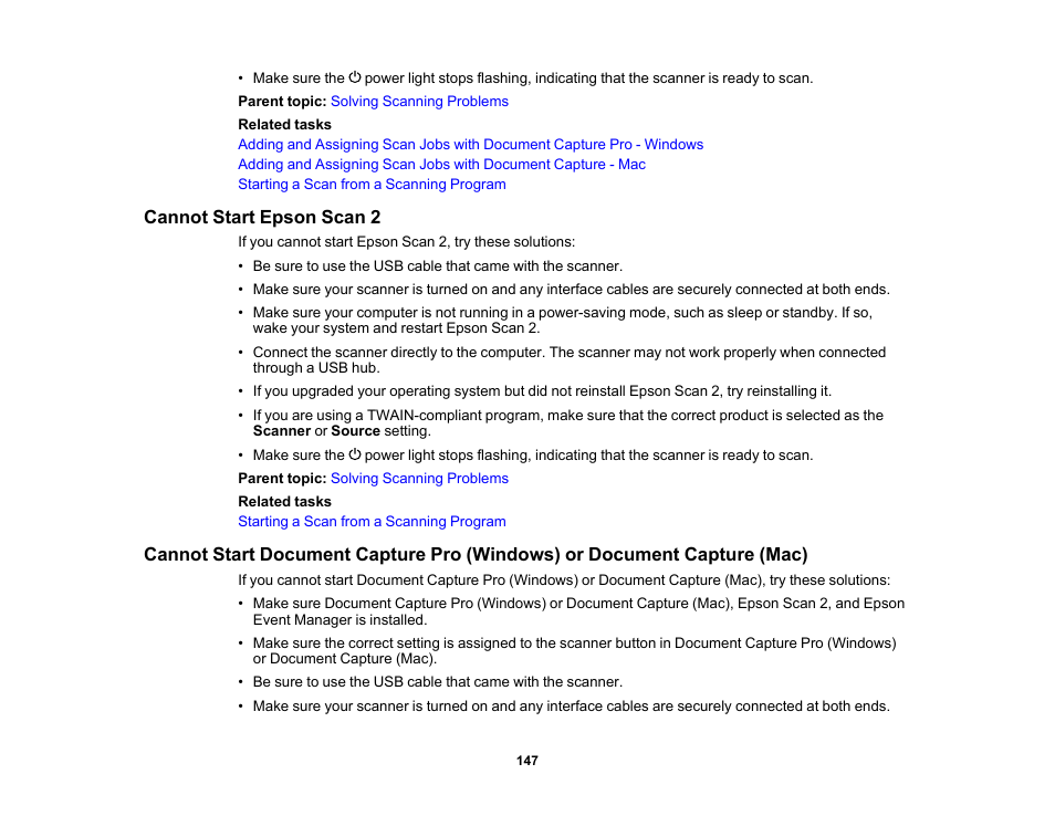 Cannot start epson scan 2 | Epson DS-32000 Large-Format Document Scanner User Manual | Page 147 / 172