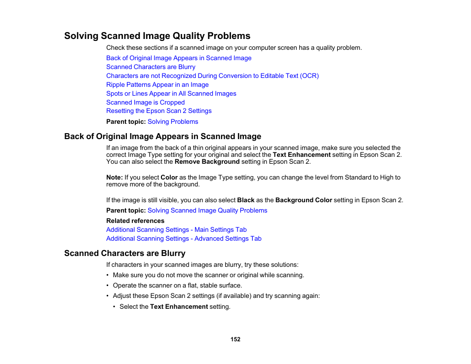 Solving scanned image quality problems, Back of original image appears in scanned image, Scanned characters are blurry | Epson DS-32000 Large-Format Document Scanner User Manual | Page 152 / 172