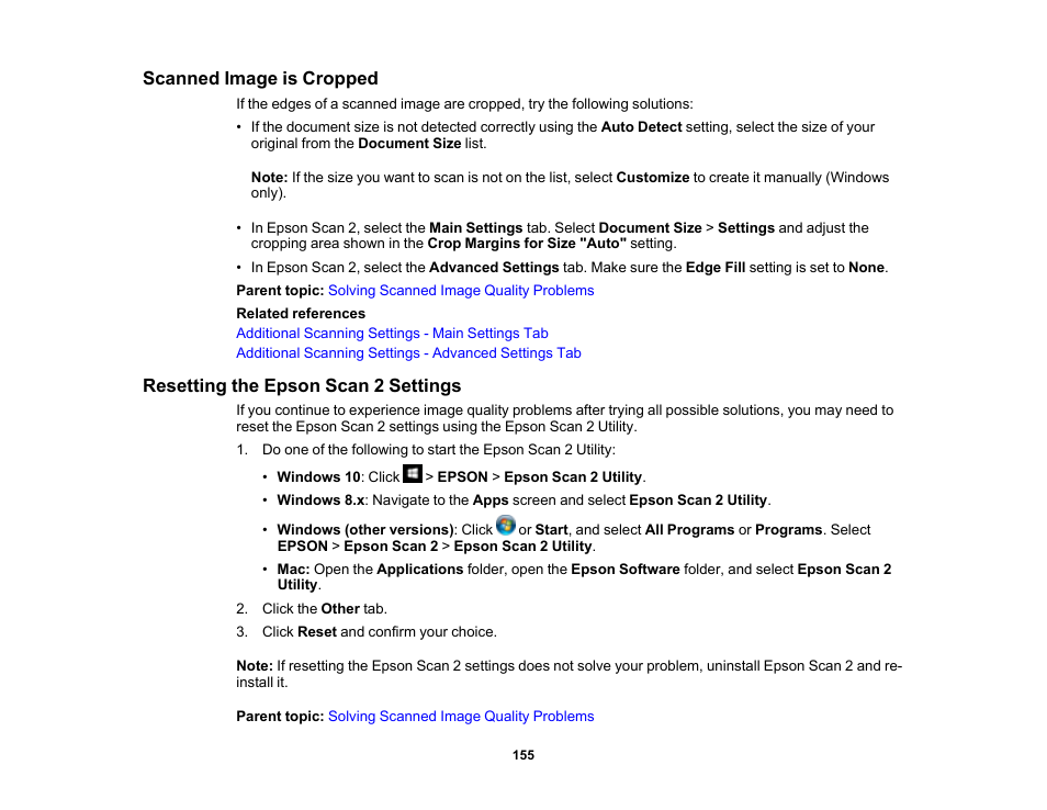 Scanned image is cropped, Resetting the epson scan 2 settings | Epson DS-32000 Large-Format Document Scanner User Manual | Page 155 / 172