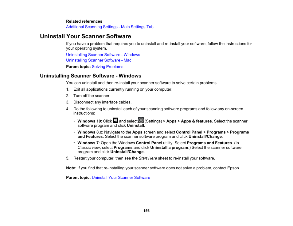 Uninstall your scanner software, Uninstalling scanner software - windows | Epson DS-32000 Large-Format Document Scanner User Manual | Page 156 / 172