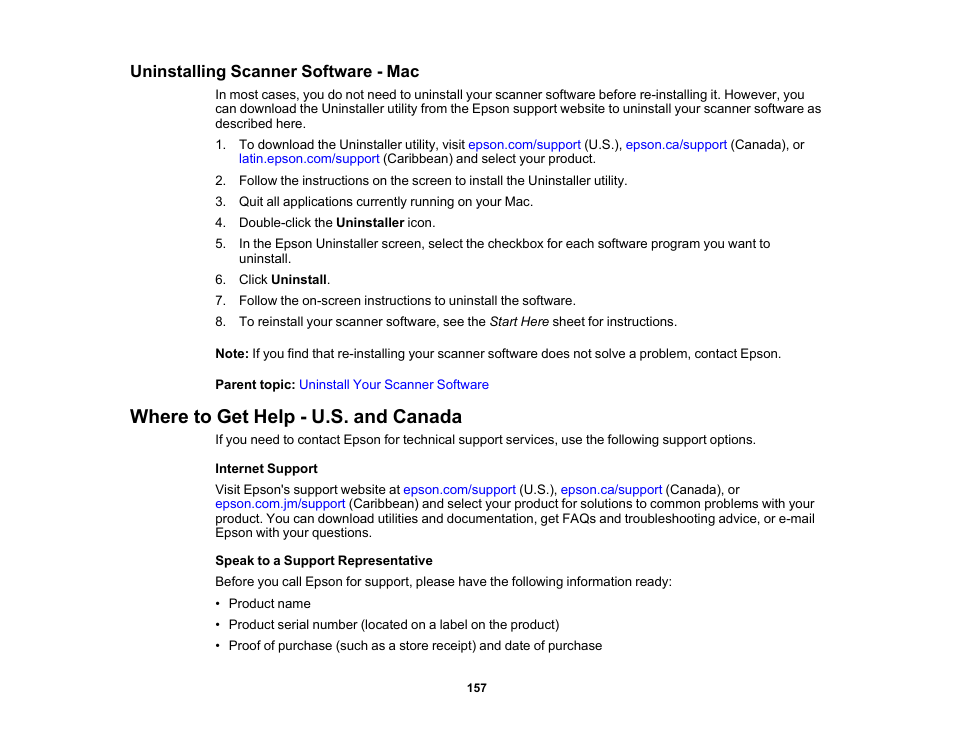 Uninstalling scanner software - mac, Where to get help - u.s. and canada | Epson DS-32000 Large-Format Document Scanner User Manual | Page 157 / 172