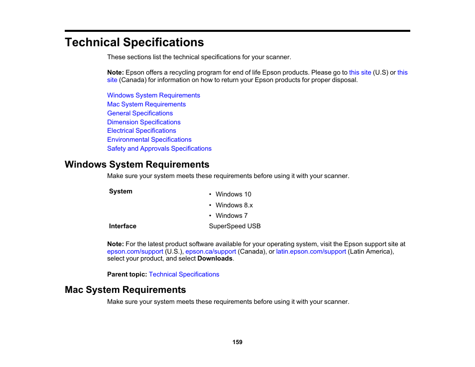 Technical specifications, Windows system requirements, Mac system requirements | Epson DS-32000 Large-Format Document Scanner User Manual | Page 159 / 172