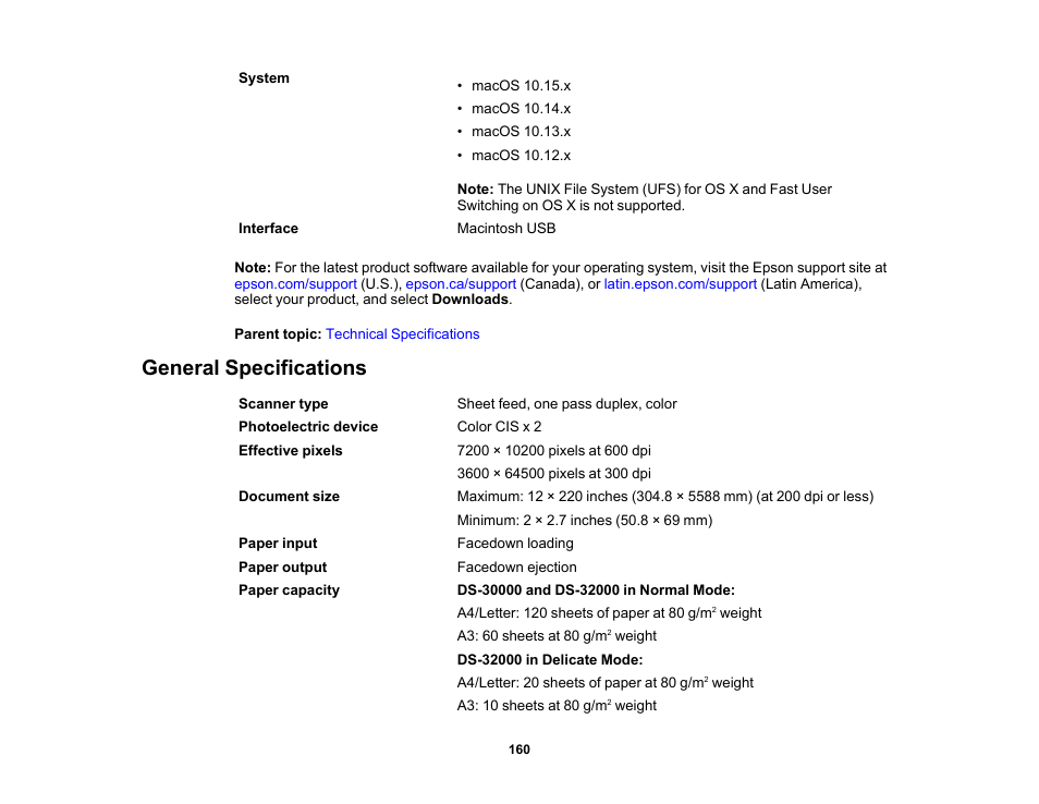 General specifications | Epson DS-32000 Large-Format Document Scanner User Manual | Page 160 / 172