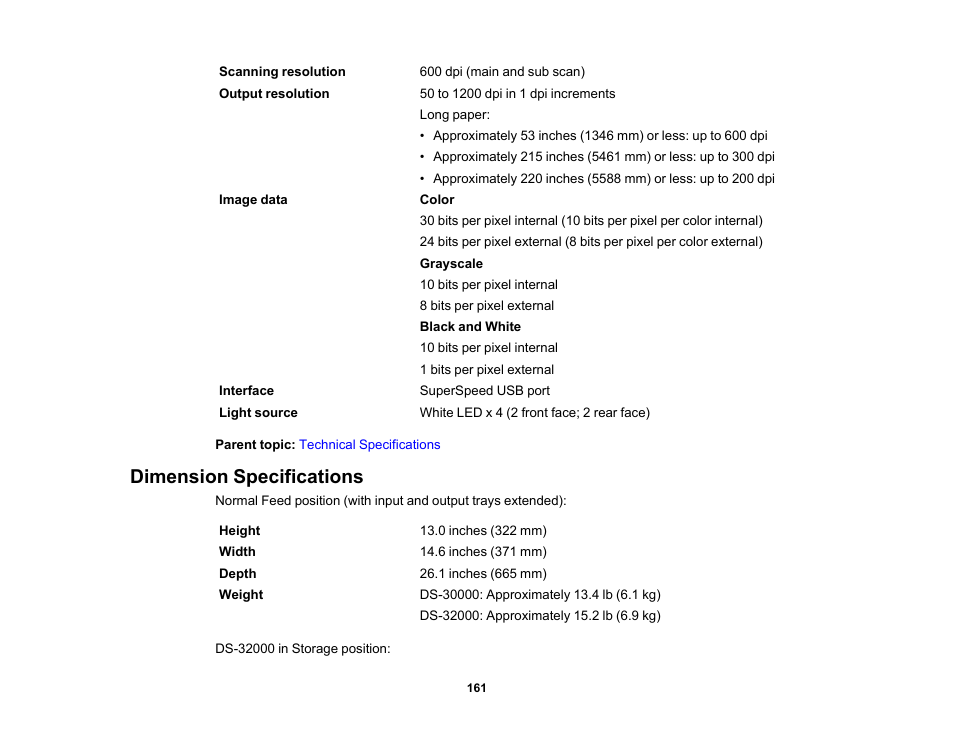 Dimension specifications | Epson DS-32000 Large-Format Document Scanner User Manual | Page 161 / 172