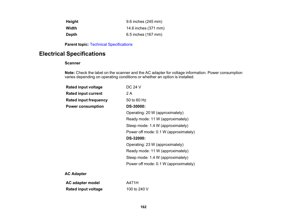 Electrical specifications | Epson DS-32000 Large-Format Document Scanner User Manual | Page 162 / 172