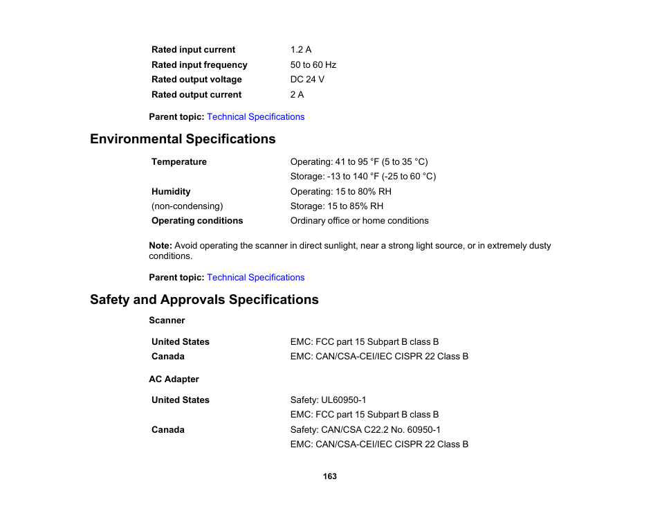 Environmental specifications, Safety and approvals specifications | Epson DS-32000 Large-Format Document Scanner User Manual | Page 163 / 172