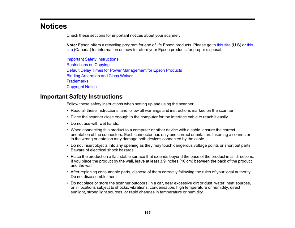 Notices, Important safety instructions | Epson DS-32000 Large-Format Document Scanner User Manual | Page 165 / 172