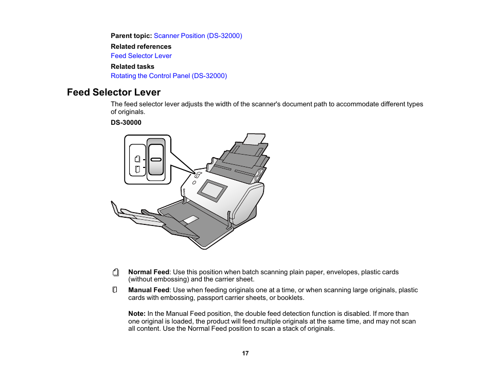 Feed selector lever | Epson DS-32000 Large-Format Document Scanner User Manual | Page 17 / 172