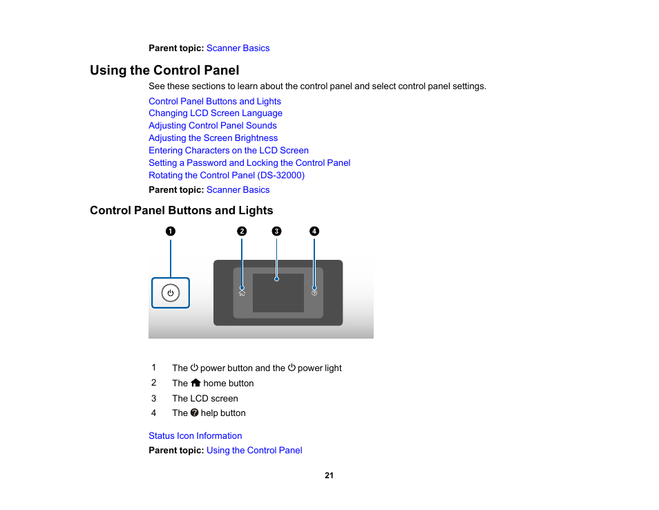 Using the control panel, Control panel buttons and lights | Epson DS-32000 Large-Format Document Scanner User Manual | Page 21 / 172