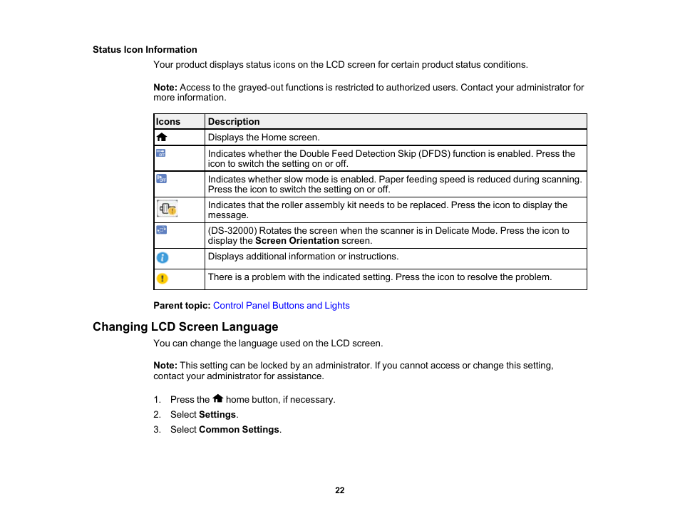 Status icon information, Changing lcd screen language | Epson DS-32000 Large-Format Document Scanner User Manual | Page 22 / 172