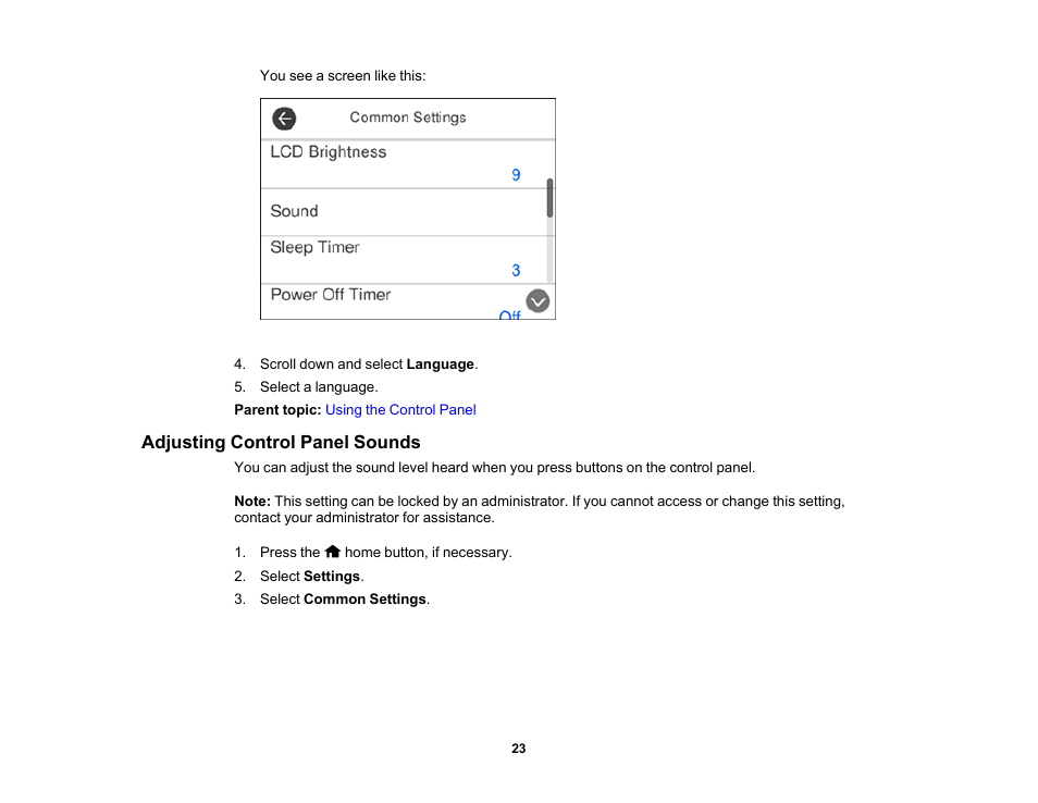 Adjusting control panel sounds | Epson DS-32000 Large-Format Document Scanner User Manual | Page 23 / 172