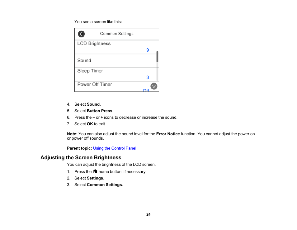 Adjusting the screen brightness | Epson DS-32000 Large-Format Document Scanner User Manual | Page 24 / 172