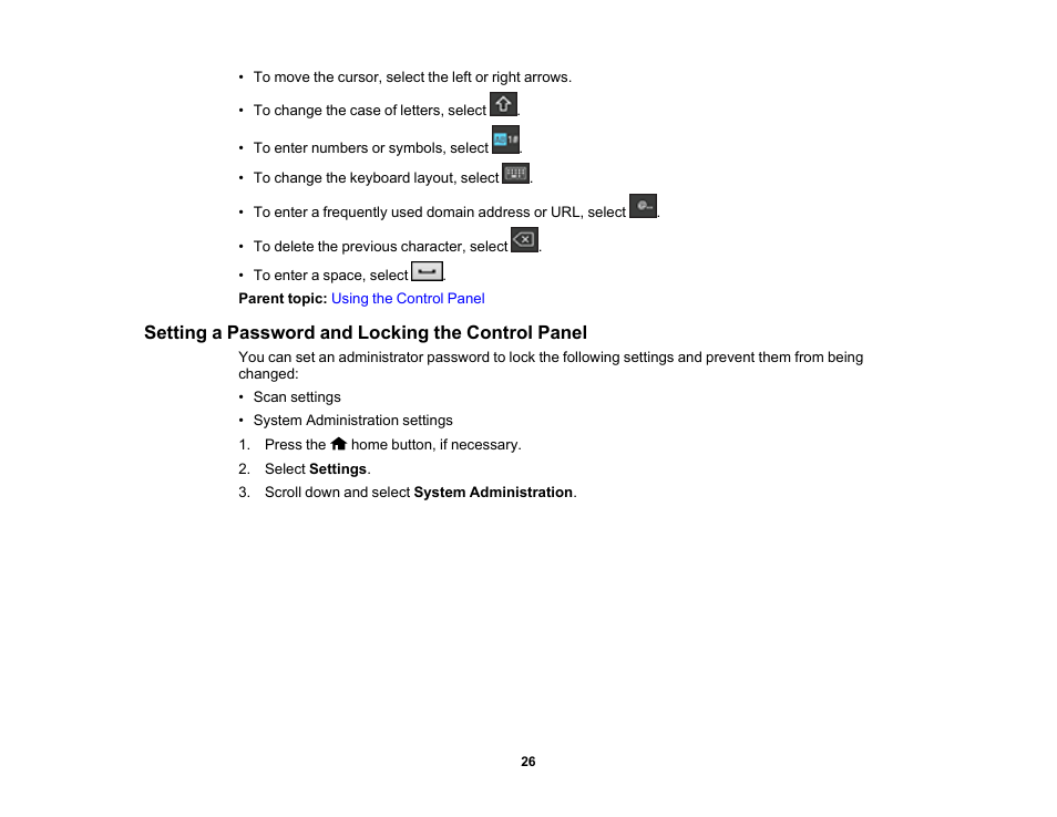 Setting a password and locking the control panel | Epson DS-32000 Large-Format Document Scanner User Manual | Page 26 / 172