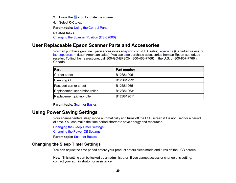 Using power saving settings, Changing the sleep timer settings | Epson DS-32000 Large-Format Document Scanner User Manual | Page 29 / 172