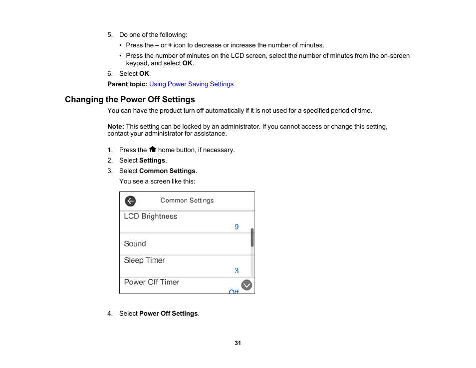 Changing the power off settings | Epson DS-32000 Large-Format Document Scanner User Manual | Page 31 / 172