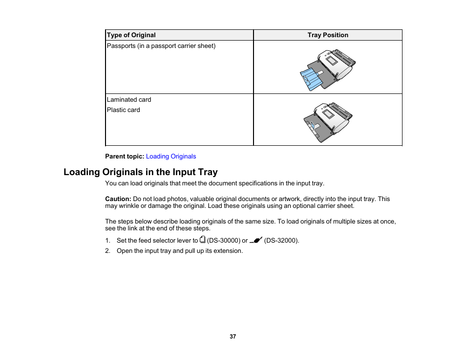 Loading originals in the input tray | Epson DS-32000 Large-Format Document Scanner User Manual | Page 37 / 172