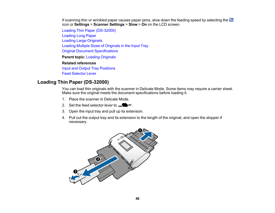 Loading thin paper (ds-32000) | Epson DS-32000 Large-Format Document Scanner User Manual | Page 46 / 172