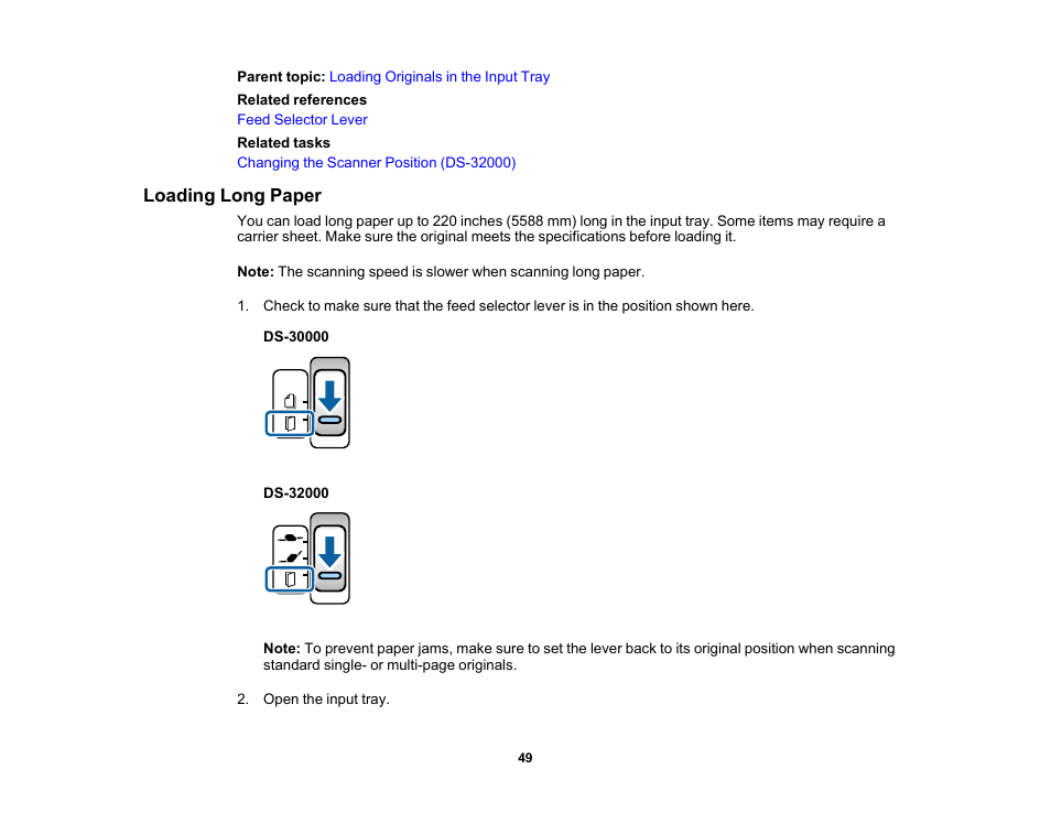 Loading long paper | Epson DS-32000 Large-Format Document Scanner User Manual | Page 49 / 172